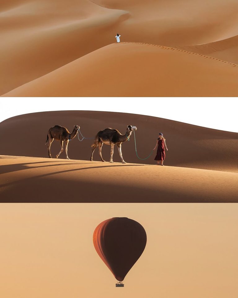 Camels and travellers crossing the Erg Chebbi dunes – Merzouga