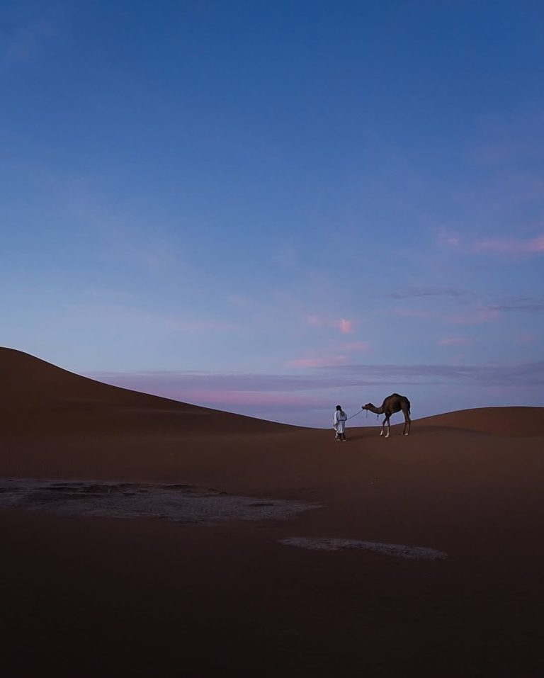 Rider on a dune ridge under a blue evening sky – Merzouga