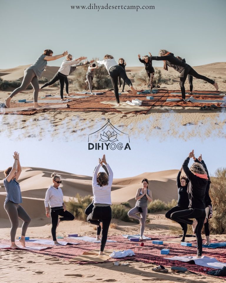 Yoga Retreat in the Sahara Group yoga session in the Sahara – Dihyoga – Merzouga