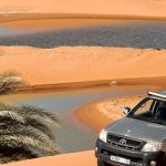 4x4 next to a desert lake and palm trees in Merzouga – Merzouga, Morocco