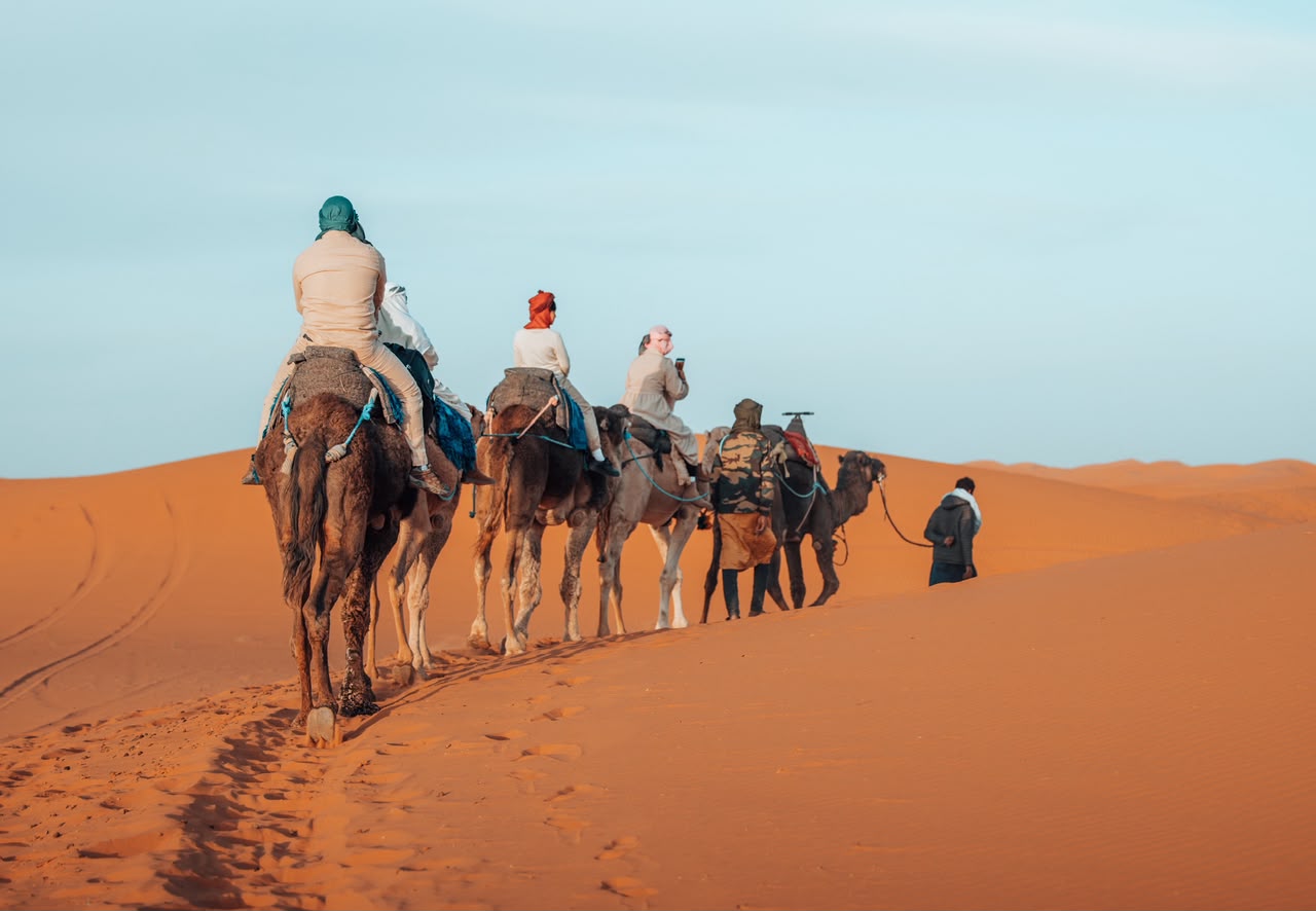 Camel caravan with guide crossing the Erg Chebbi dunes – Merzouga