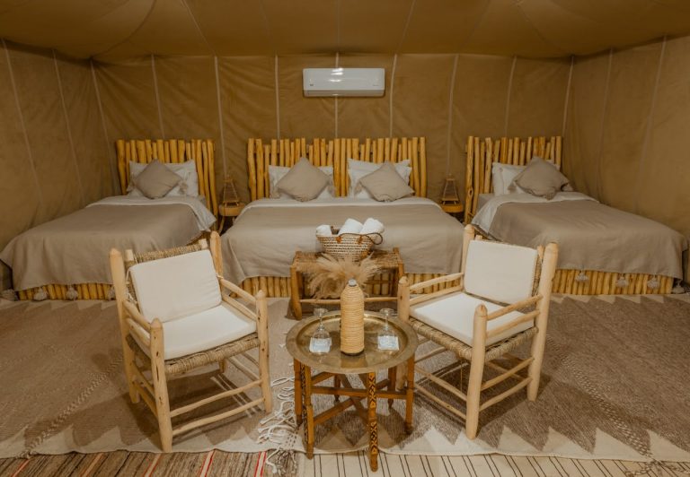 Lounge area inside a luxury desert camp suite – Merzouga